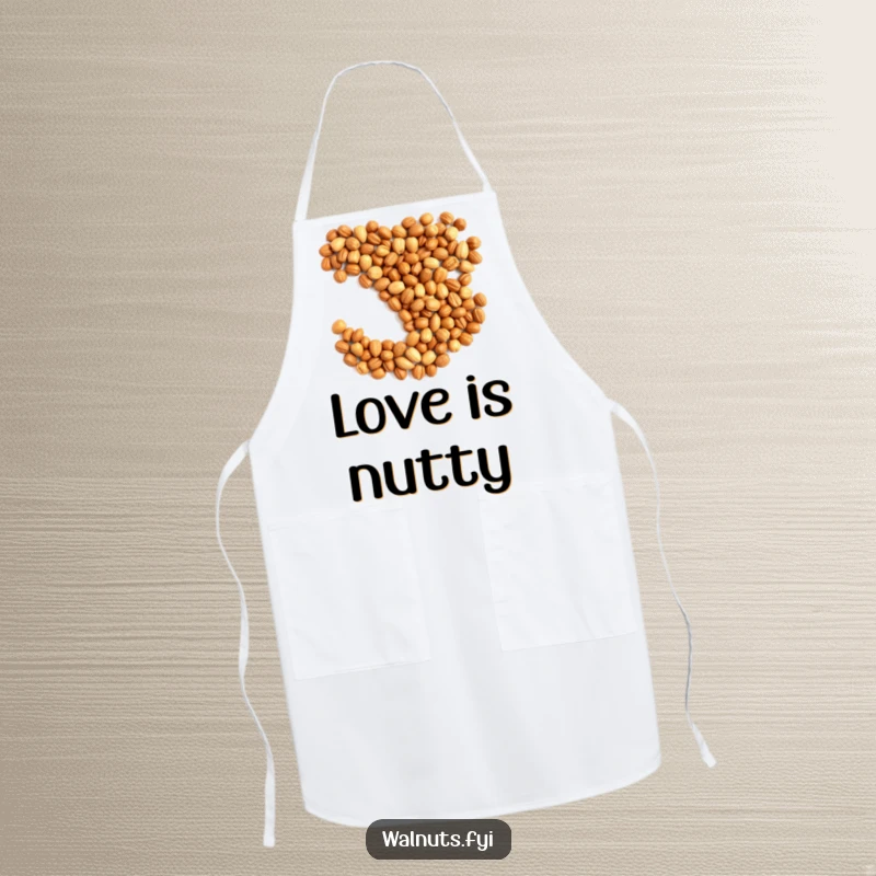 Funny apron showcasing a heart shape made from nuts, perfect for cooking with love.