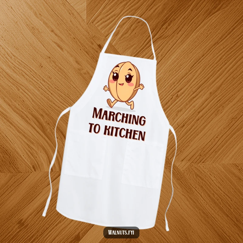 Funny determined walnut apron featuring a marching walnut with enthusiastic eyes, humorous for cooking.