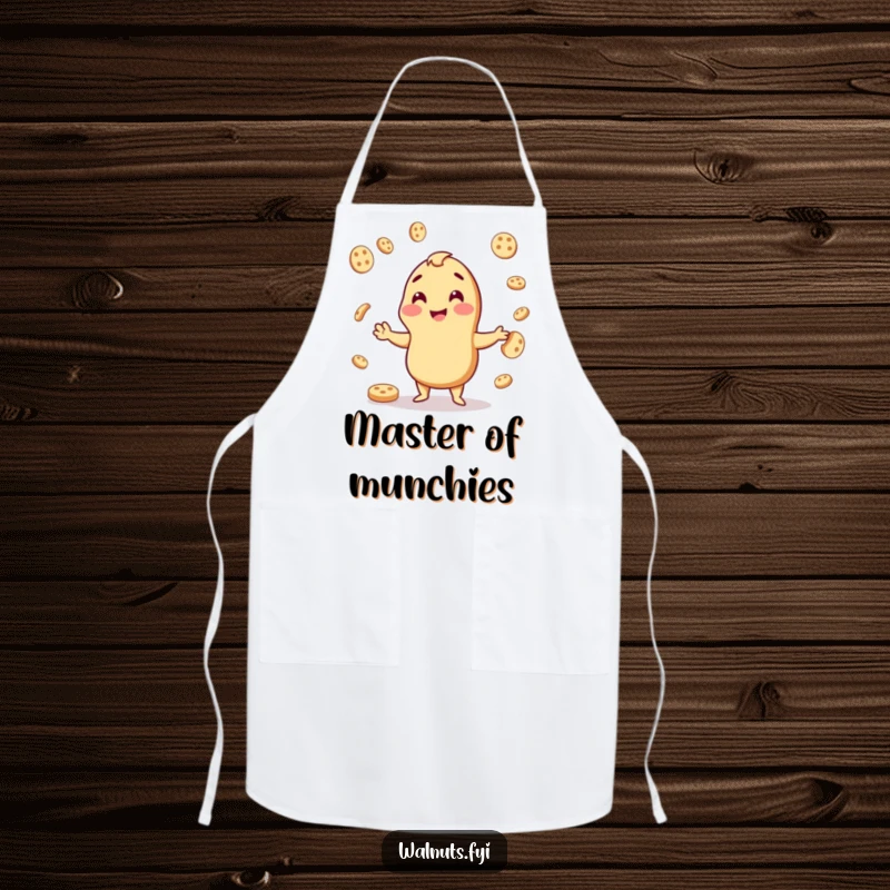 Funny apron depicting a cheerful cashew juggling cookies, a whimsical and practical accessory for bakers.