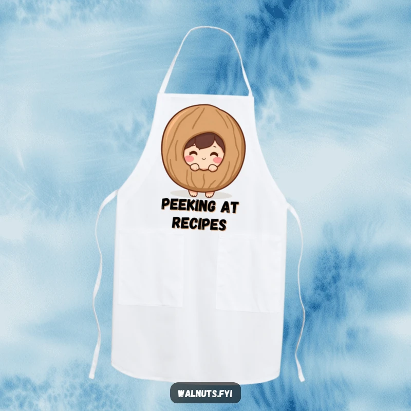 Funny cooking apron with a shy, blushing walnut character peeking from behind a giant, stylized walnut shell.