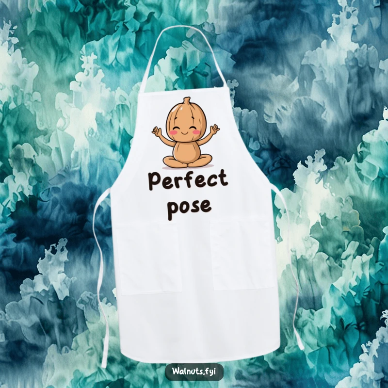 Funny apron featuring a walnut character in a tranquil yoga pose, ready for mindful cooking.