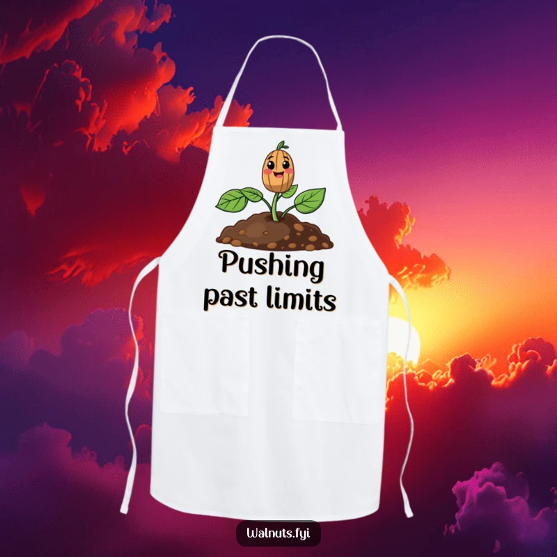 Funny apron with a cheerful walnut sprout pushing up from the soil, ready for kitchen fun.
