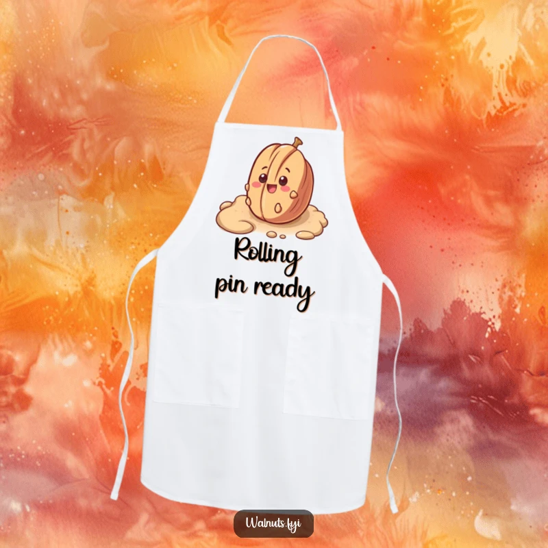 Funny apron depicting a surprised pecan smiling while rolling down a bumpy surface, a whimsical kitchen accessory.
