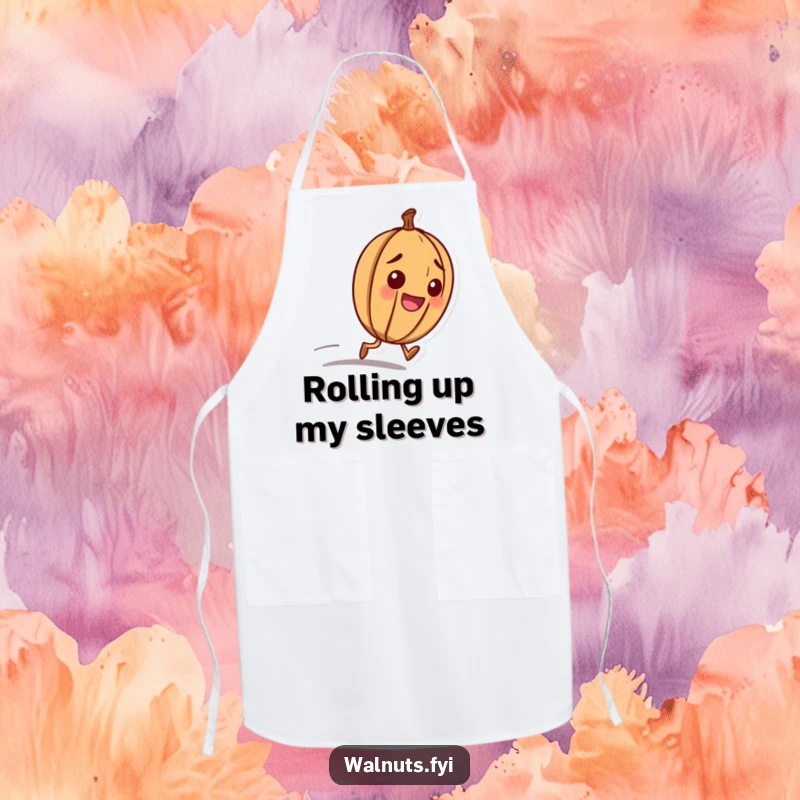Funny apron with a happy walnut character with a determined look, rolling downhill with purpose.