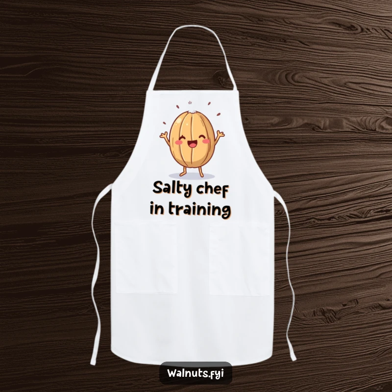 Funny apron with a happy walnut doing a jig while lightly salted, ready for kitchen fun and nutty culinary creations.