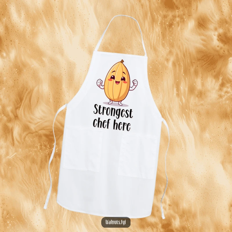 Funny Almond Flex Apron showcasing a smiling almond flexing a small muscle, ready for kitchen duty.