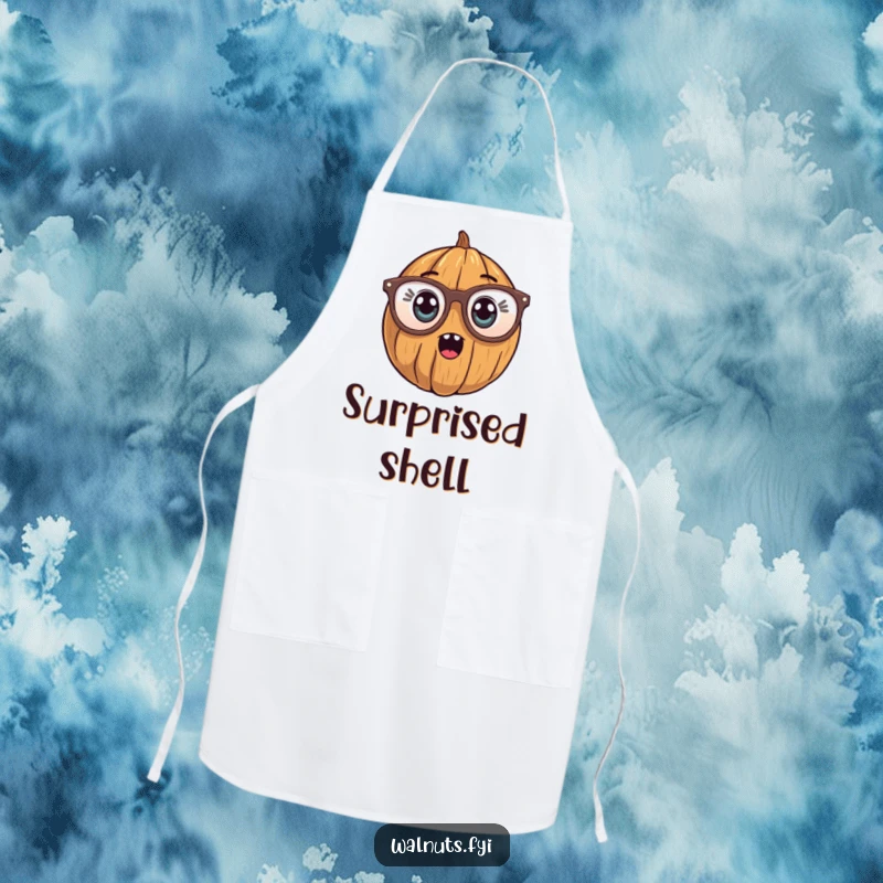 Funny Apron showcasing a walnut character wearing comically large reading glasses, with a surprised expression, ready to cook.