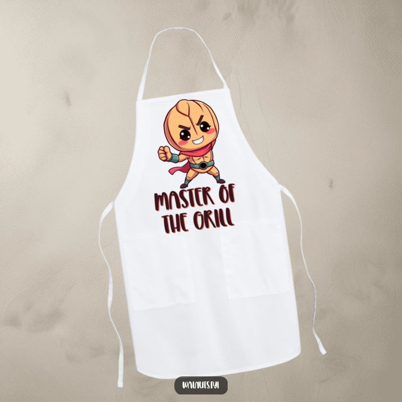 Funny apron with a vibrant walnut character striking a heroic pose, ideal for kitchen tasks and protecting clothes.