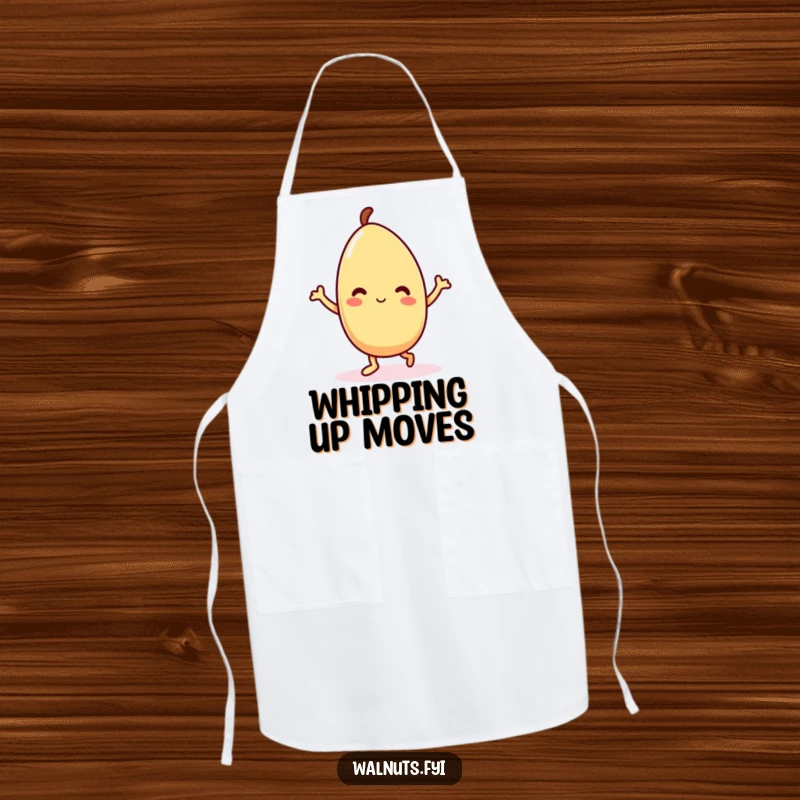 Funny Kawaii almond apron showing a delighted character mid-dance, perfect for adding animated flair to your cooking or baking duties.
