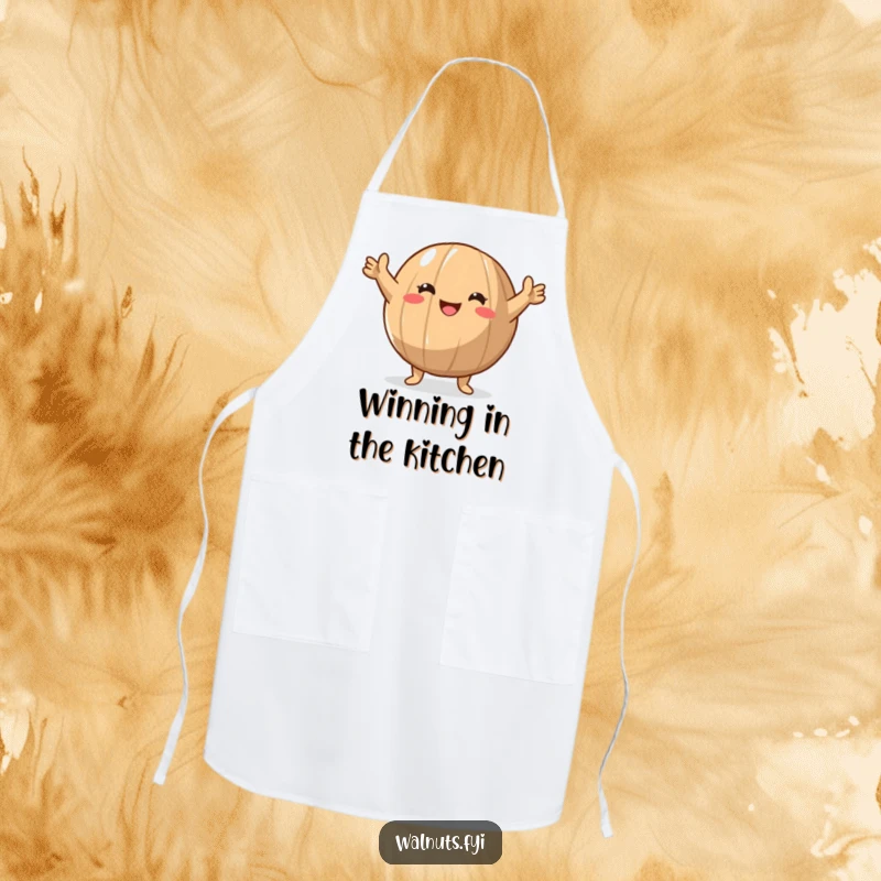 Funny Walnut Victory Apron featuring a round walnut character with arms raised in a triumphant gesture, perfect for celebrating kitchen wins.