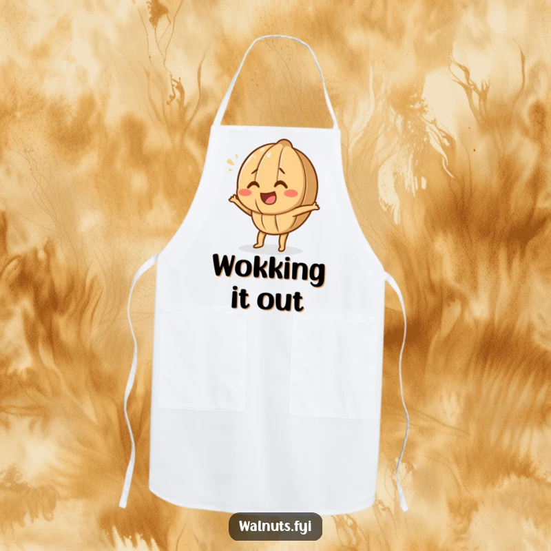 Funny Dancing Walnut Apron with a giggling walnut character performing a silly dance, ideal for kitchen fun and cooking.
