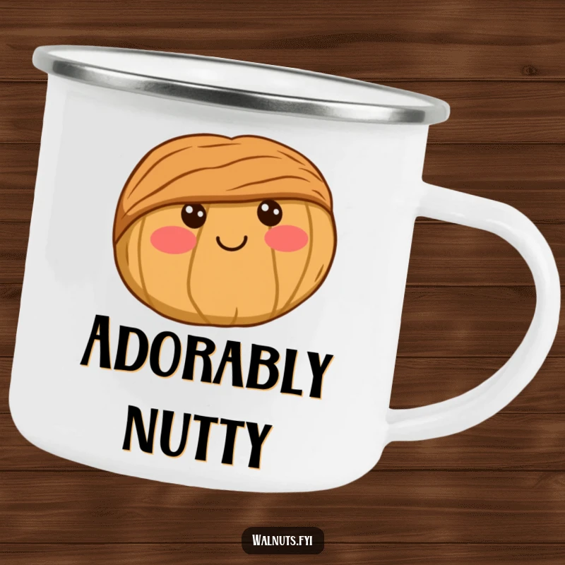 Funny Camping Mug showcasing a super cute kawaii walnut with rosy cheeks and a sweet smile, ideal for outdoor enjoyment.