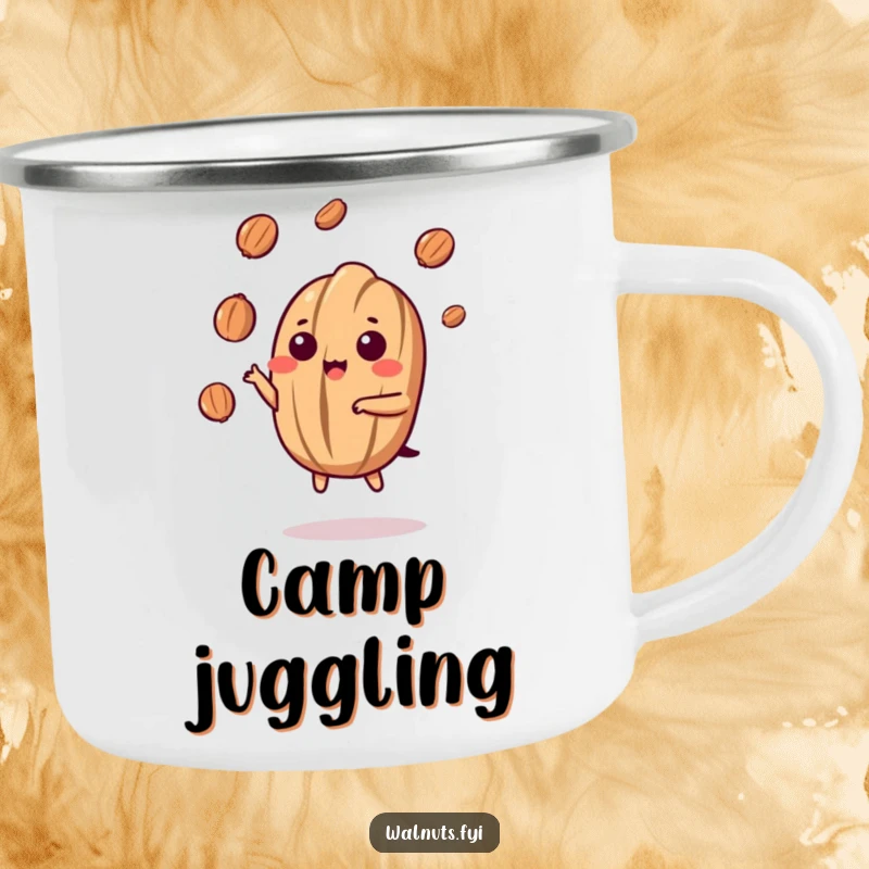 Funny Kawaii Walnut Juggling Camping Mug: A rugged cartoon walnut skillfully juggles nut pieces, ready for campfire shows and laughs.