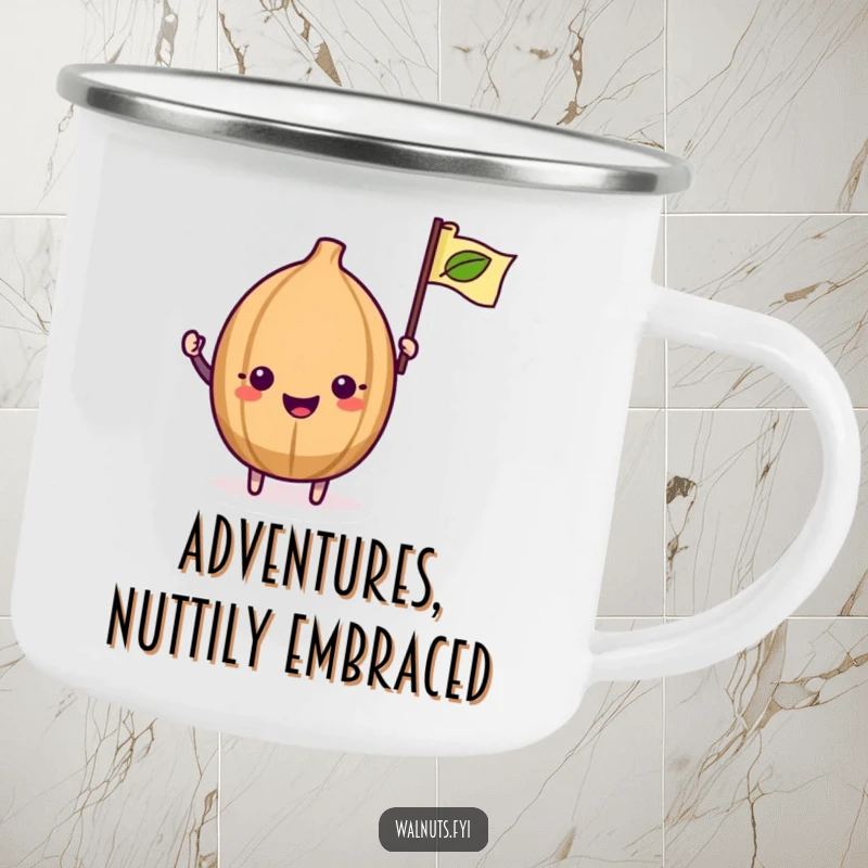 Funny Kawaii Walnut Camping Mug: A cute walnut waving a flag, ready to bring cheer to your outdoor beverage.