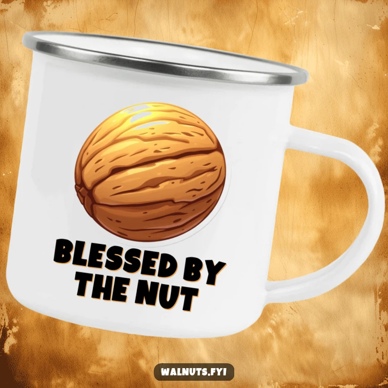 Funny camping mug with a glowing walnut, perfect for adding mystical charm to outdoor drinks.