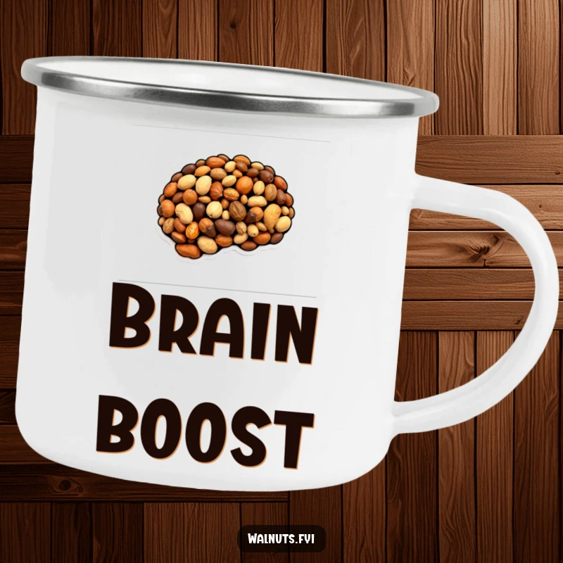 Funny camping mug showcasing a brain made of nuts, perfect for outdoor sipping and smart humor, a funny gift.