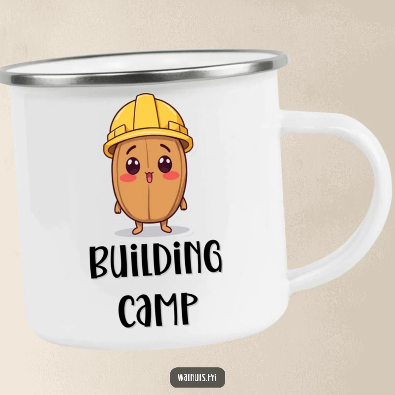Funny camping mug depicting a surprised walnut character wearing a tiny construction helmet and looking upwards.