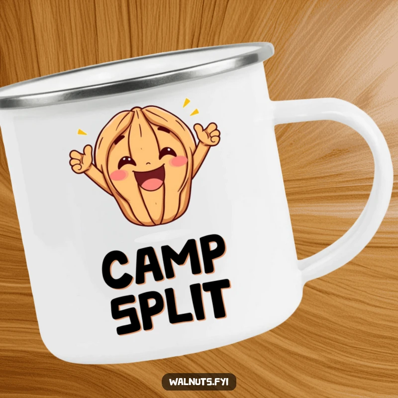 Funny Kawaii Walnut Split Camping Mug: A rugged cartoon walnut performs a triumphant split with a huge grin, ready for campfire celebrations and laughs.