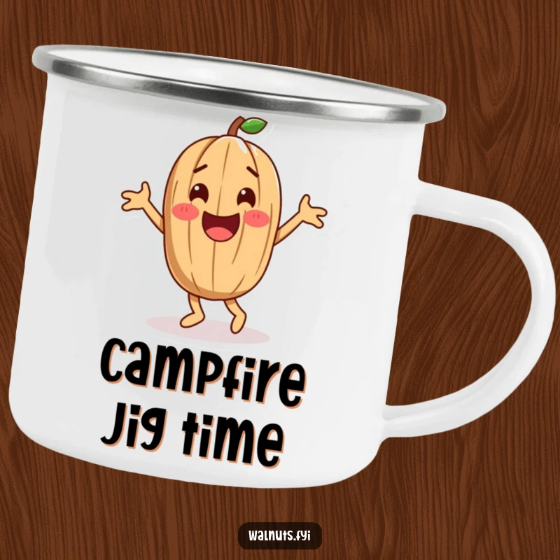 Funny playful walnut character doing a happy dance during an outdoor adventure, a humorous camping mug.
