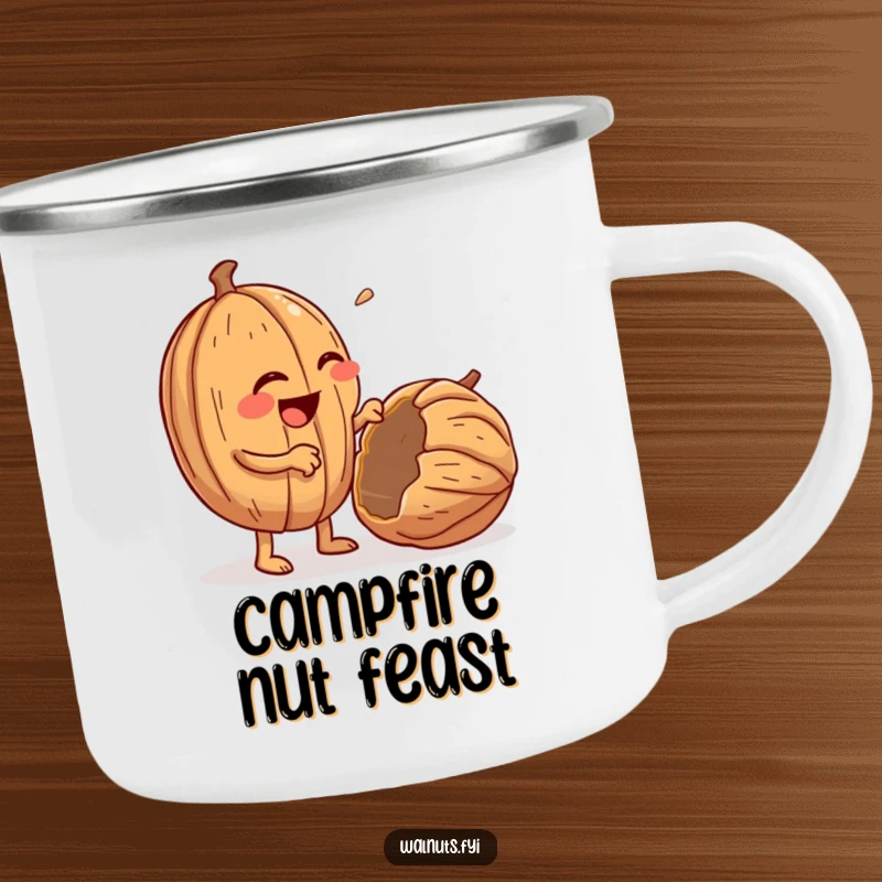 Funny camping mug with a giggling, anthropomorphic walnut character enthusiastically cracking open a walnut.