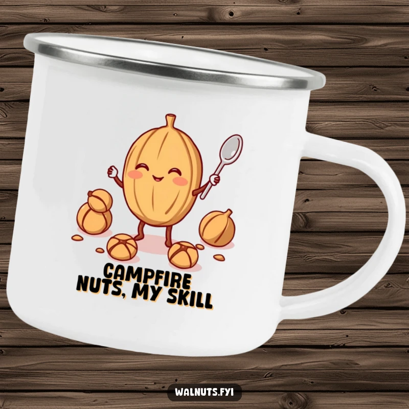 Funny walnut juggler camping mug showing a smiling walnut juggling a smaller walnut and a spoon, ideal for outdoor beverages with a nutty touch.