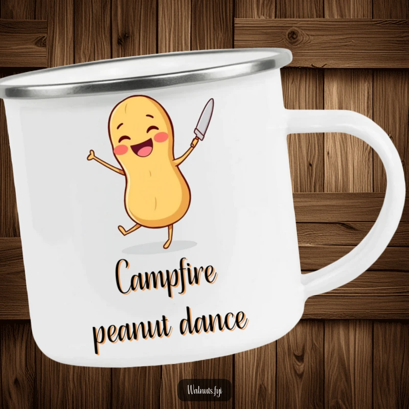 Funny camping mug showing a joyful peanut dancing with a butter knife, ideal for outdoor fun and nutty jams.