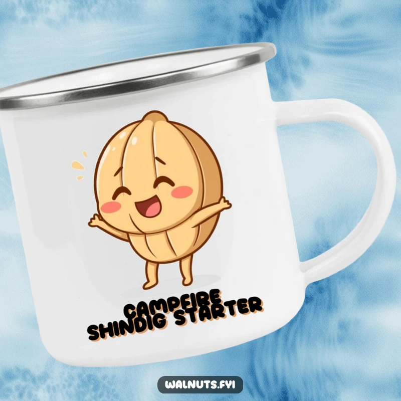 Funny Dancing Walnut Camping Mug with a giggling walnut character doing a dance move, perfect for outdoor use.