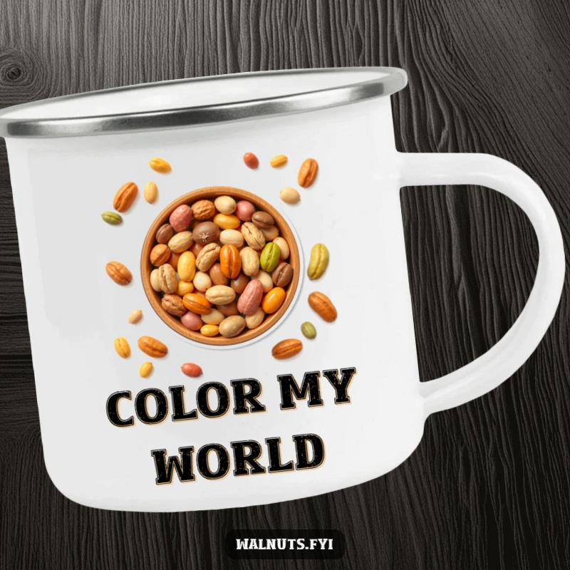 Funny camping mug featuring a bowl of colorful nuts, perfect for outdoor sipping and vibrant fun, a funny gift.