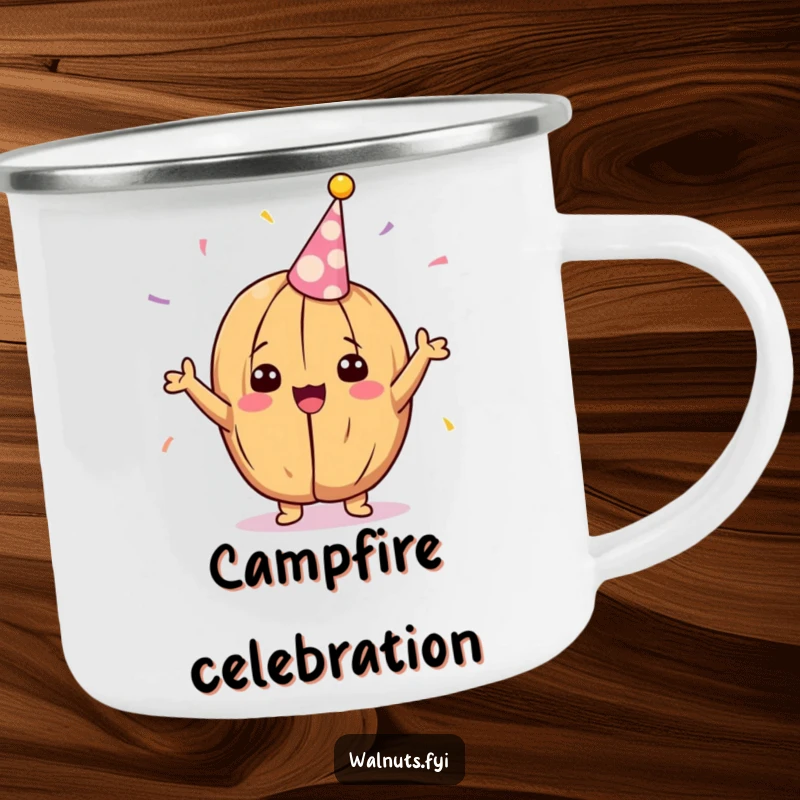 Funny Kawaii walnut camping mug, a delighted walnut cheering with a party streamer, perfect for outdoor celebrations.