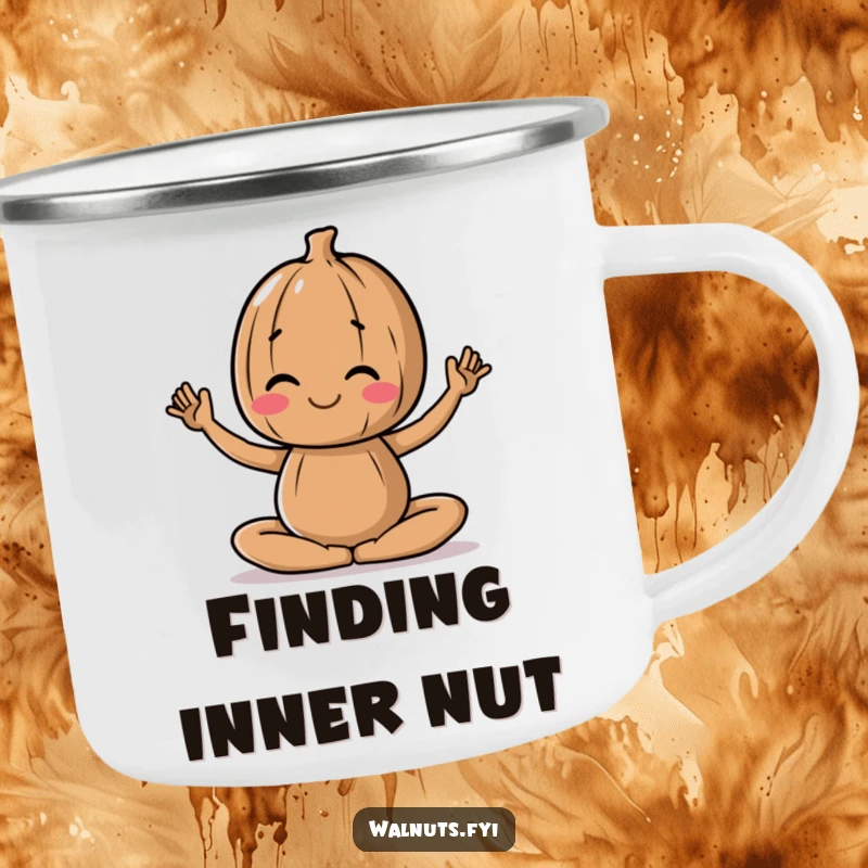 Funny camping mug featuring a walnut character in a peaceful yoga pose, suitable for outdoor meditation.
