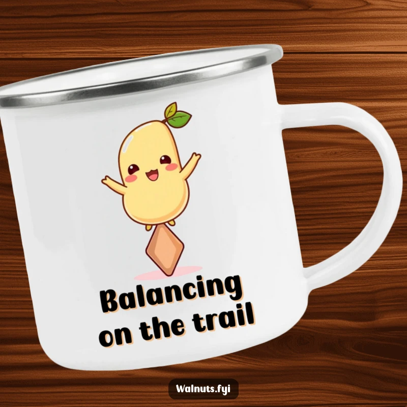 Funny camping mug featuring a cashew balancing on its tip, perfect for enjoying drinks outdoors with stability and nutty humor.