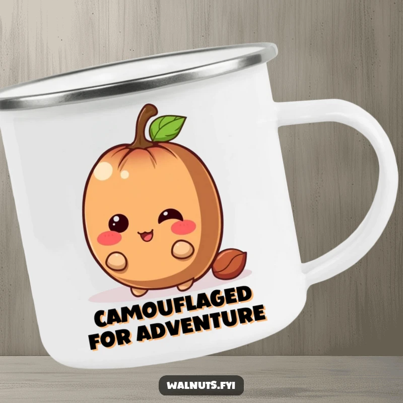 Funny chestnut camping mug with a giggling brown character with a mischievous grin hiding behind a large nut, for humorous adventures.
