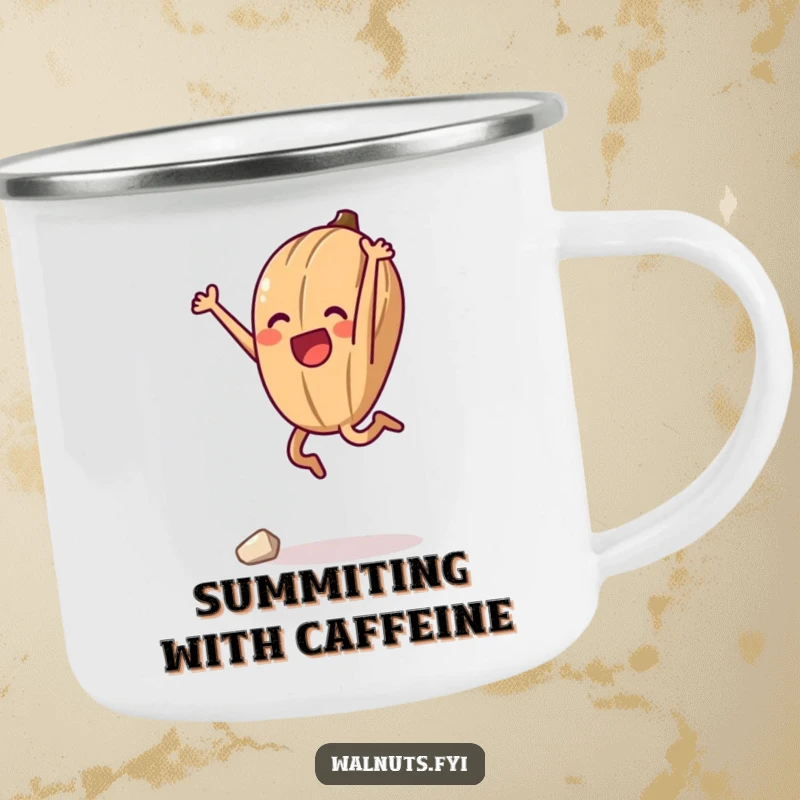 Funny camping mug featuring an anthropomorphic walnut in a triumphant jump, celebrating success during outdoor adventures, ideal for coffee.