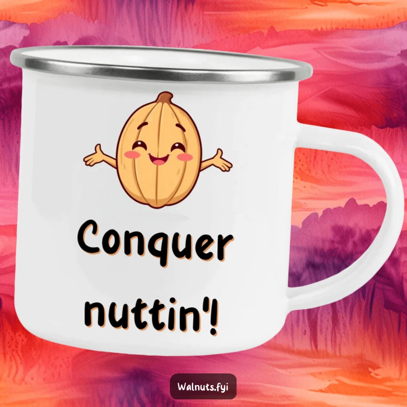 Funny enamel camping mug with a smiling walnut character striking a confident pose, ideal for outdoor enthusiasts.