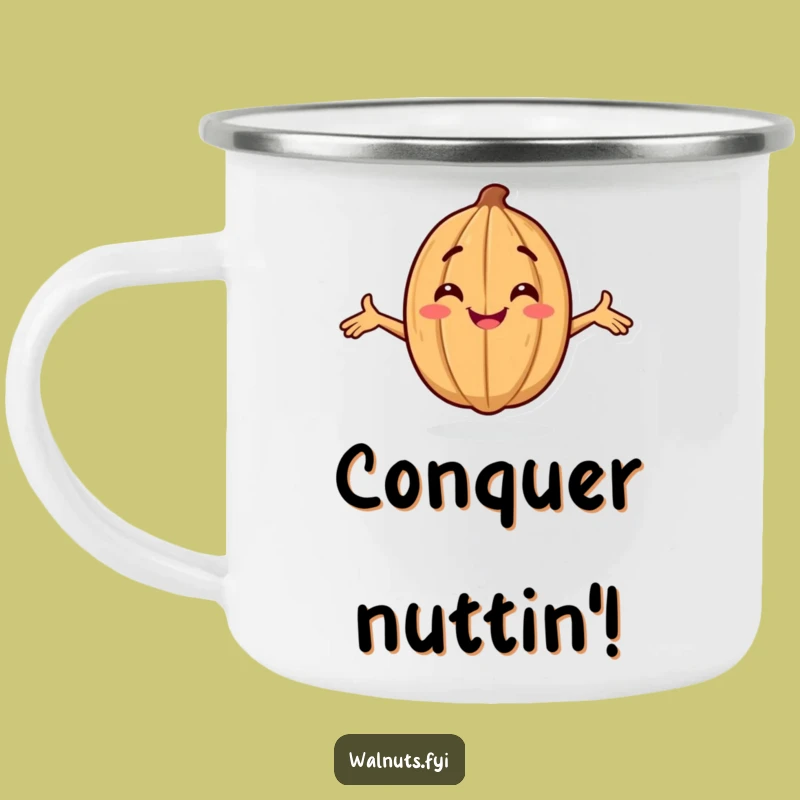 Funny Confident Walnut Camping Mug: Durable Smiling Posing Character, Outdoor Funny Gift