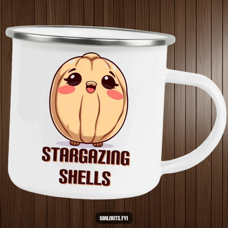 Funny camping mug featuring a curious walnut character looking up at the sky, ideal for outdoor lovers who enjoy pondering.