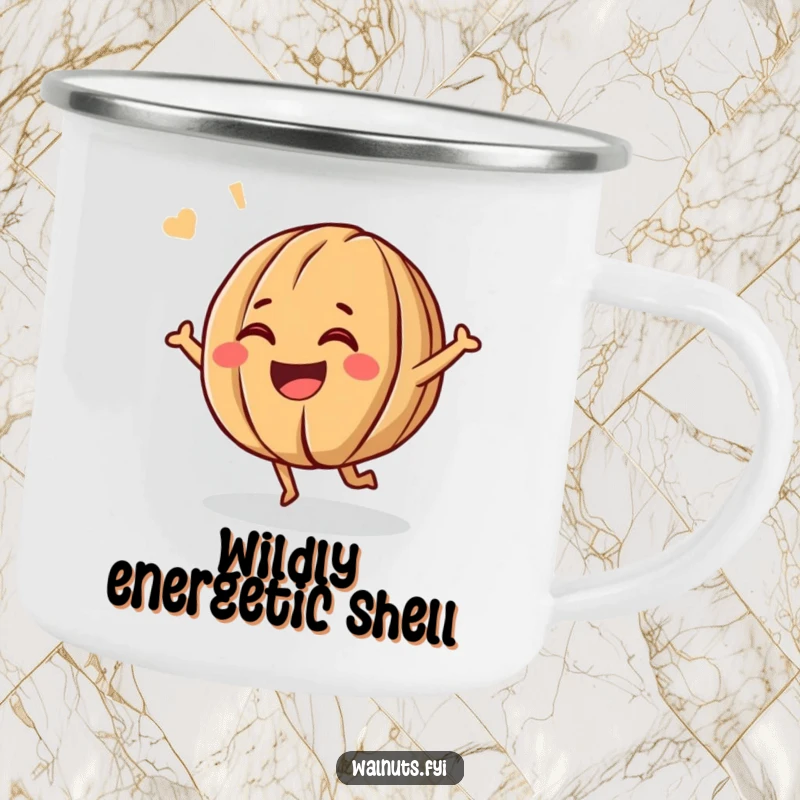 Funny camping mug illustrated with a giggling walnut character bouncing with excitement, perfect for outdoor laughs.