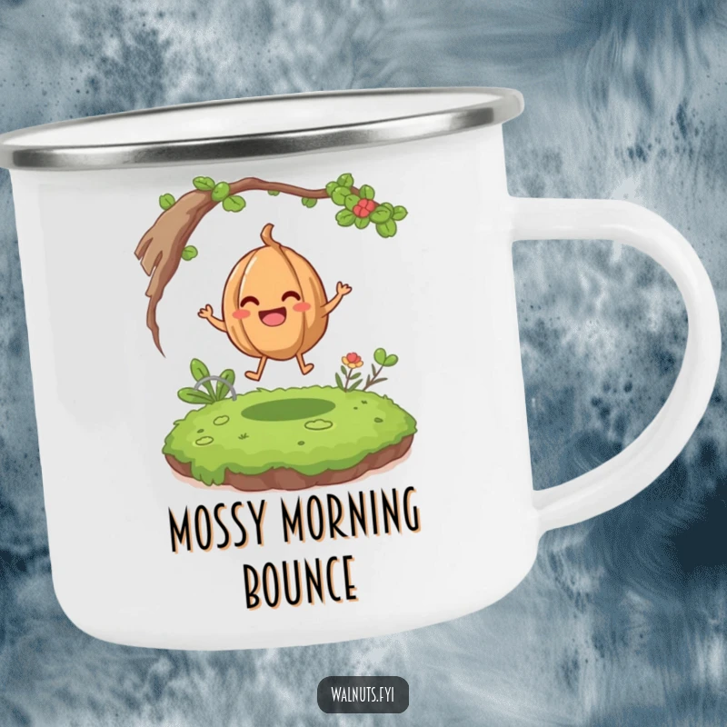 Funny giggling walnut character happily bouncing on a mossy patch on this durable and humorous camping mug.