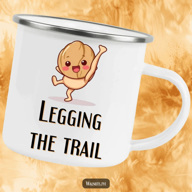 Funny camping mug depicting a happy walnut character performing a cartwheel, showing its legs.