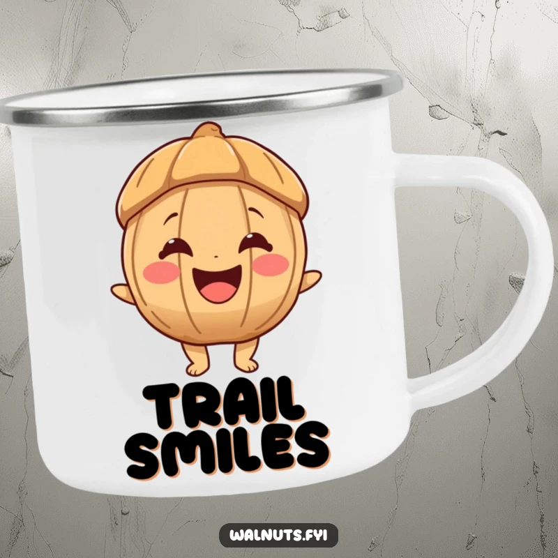 Funny camping mug featuring a joyous walnut character with a big, happy smile, perfect for outdoor enthusiasts who love to smile.