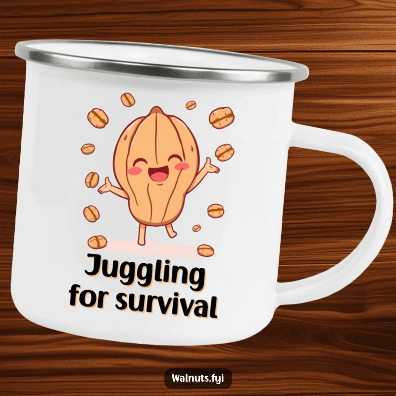 Funny enamel camping mug with a joyful walnut character playfully juggling smaller walnut pieces, ready for the outdoors.