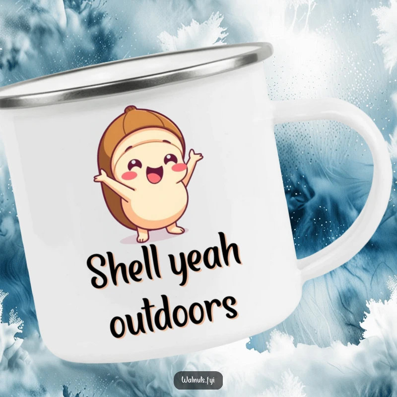 Funny Kawaii hazelnut camping mug featuring an excited character popping out of its shell, ready for outdoor fun and exploration.