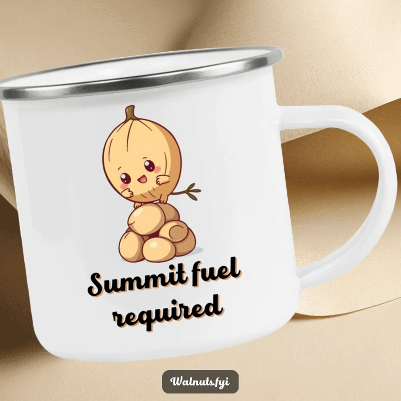 Funny Kawaii Pine Nut Camping Mug with a determined character climbing nuts, offering humorous motivation for outdoor sips. Great funny gift.
