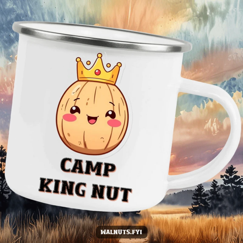 Funny Kawaii walnut camping mug with a smiling walnut character wearing a tiny crown, for outdoor enjoyment.