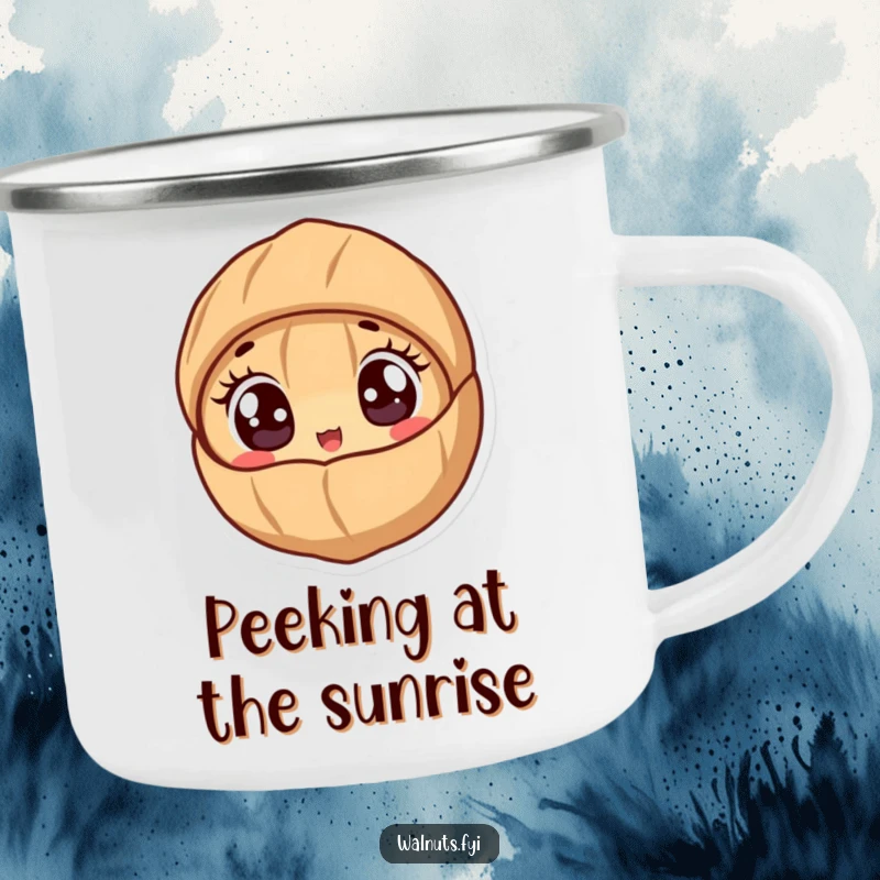Funny camping mug with a cute walnut character peeking out from its shell with wide, excited eyes.