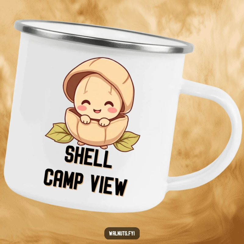 Funny enamel camping mug with a happy walnut character peeking out from behind a large shell, for outdoor fun.