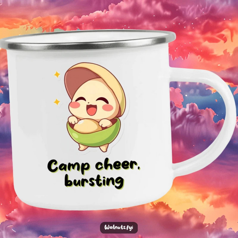 Funny camping mug featuring a giggling pistachio joyfully bursting out of its shell, perfect for outdoor fun.