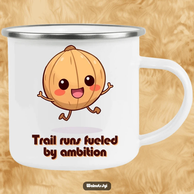 Funny camping mug with a smiling walnut character with tiny legs scampering energetically, durable and humorous for adventures.