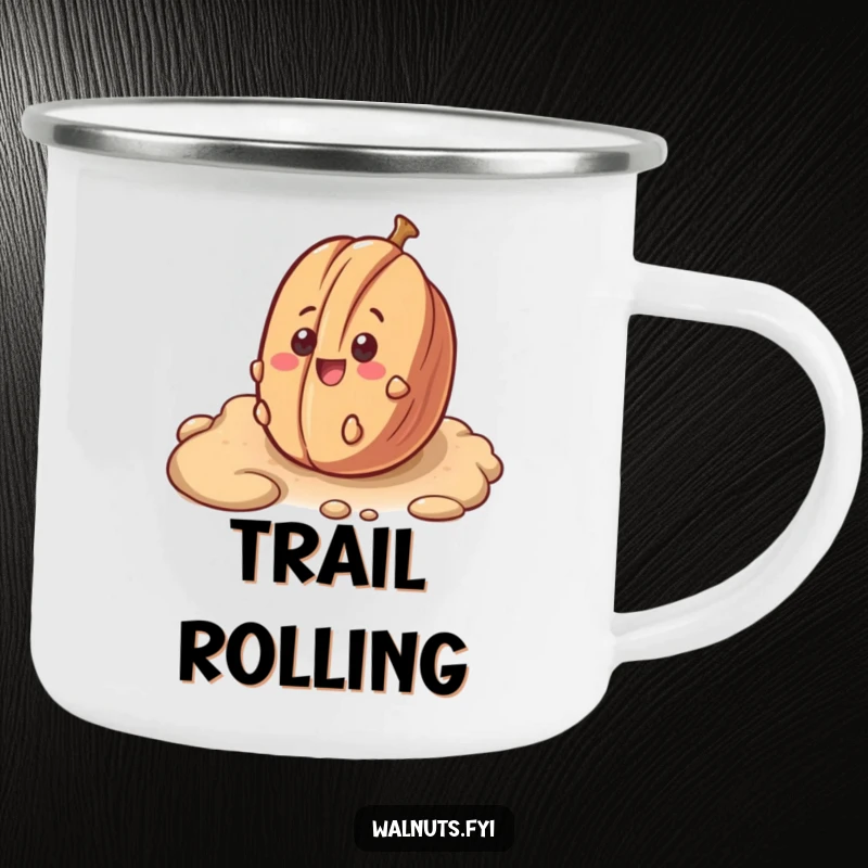 Funny camping mug featuring a surprised pecan smiling while rolling down a bumpy surface, perfect for outdoor use.