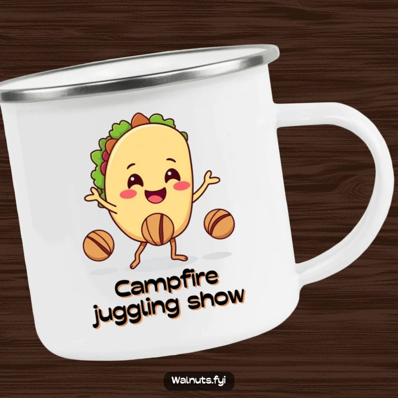 Funny camping mug with a smiling taco juggling walnuts with its legs, perfect for outdoor excursions.